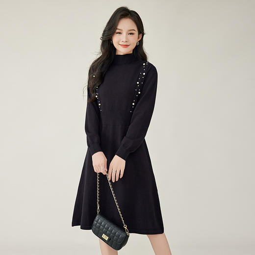 奢姿2024年秋季新款大码女装钉珠针织裙子胖妹妹法式半高领连衣裙5743803518 商品图2