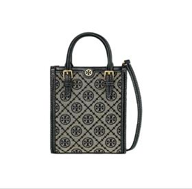 TORY BURCH 汤丽柏琦 T Monogram 经典老花满印 织物拼皮革 琴谱包托特包购物袋手提单肩斜挎包 迷你 男女同款 海军蓝（CB））