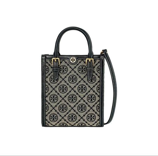 TORY BURCH 汤丽柏琦 T Monogram 经典老花满印 织物拼皮革 琴谱包托特包购物袋手提单肩斜挎包 迷你 男女同款 海军蓝（CB）） 商品图0