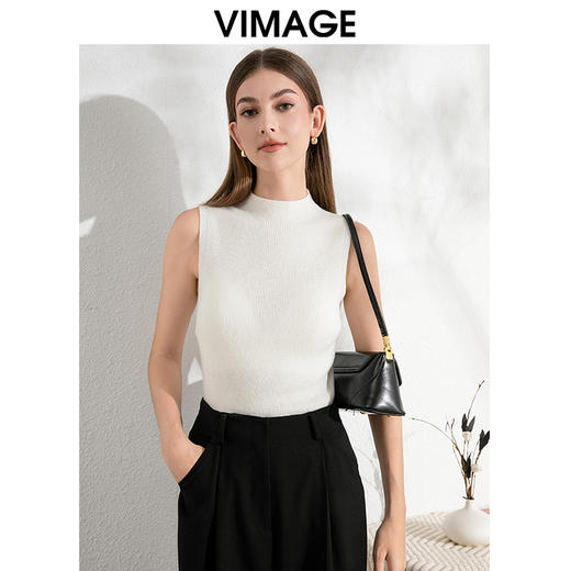 VIMAGE纬漫纪气质小立领无袖修身百搭纯色针织背心秋季新款VC2401308 商品图1