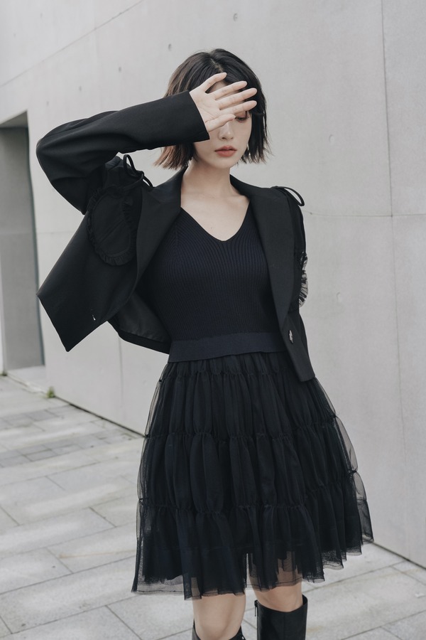 ANSUABEL 气质短款外套V领纱裙套装 14128