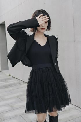 ANSUABEL 气质短款外套V领纱裙套装 14128