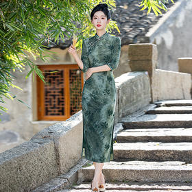 牛奶丝植绒扎染，高级感复古长款七分袖旗袍MLS7002