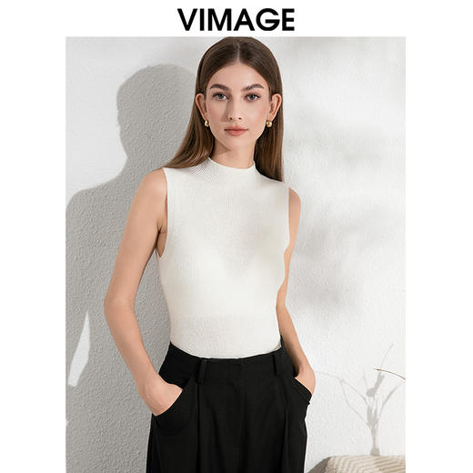 VIMAGE纬漫纪气质小立领无袖修身百搭纯色针织背心秋季新款VC2401308 商品图8