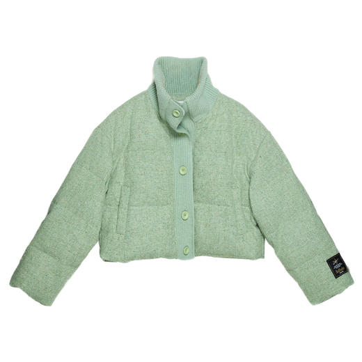 SELFWHO90白鸭绒毛织拼接羽绒服女2024冬保暖防寒绿色翻领短外套 商品图4