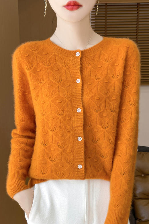 TZW-100纯羊毛开衫2024新款女装针织开衫圆领镂空外套外搭 商品图8