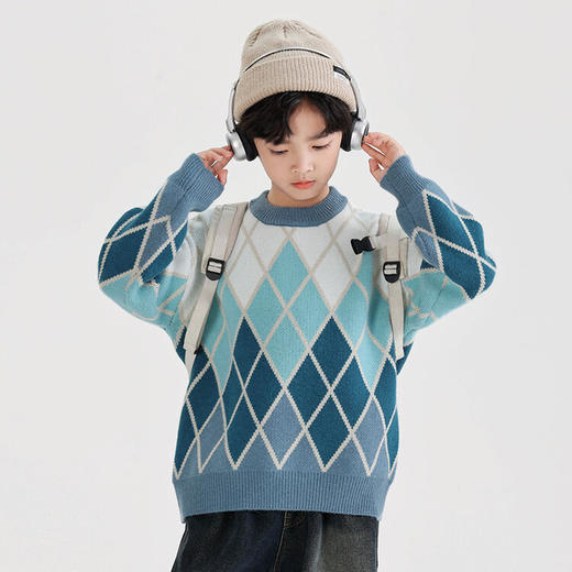 【柔软舒适面料，精致菱形线条，时尚设计，让孩子穿出自信！】秋冬男童菱形格毛衣 秋冬新款中大童韩版 休闲洋气圆领针织衫潮-QQ 商品图4