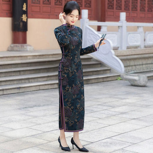 HQ-353高端加厚旗袍2024冬季新款长袖复古改良新中式国风连衣裙气质长款 商品图2