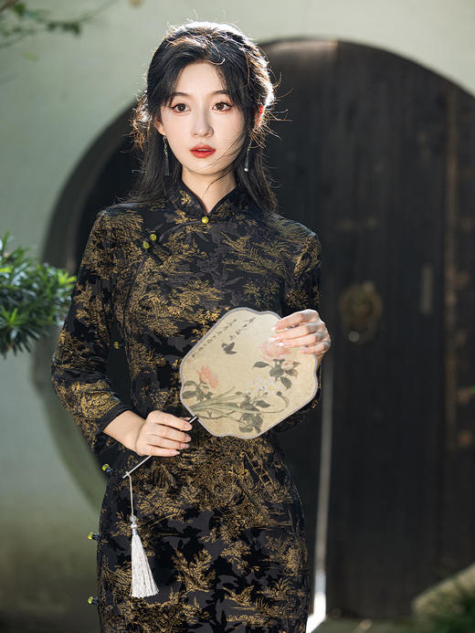 七分袖弹力网纱植绒，双层小长款旗袍MLS6079 商品图4