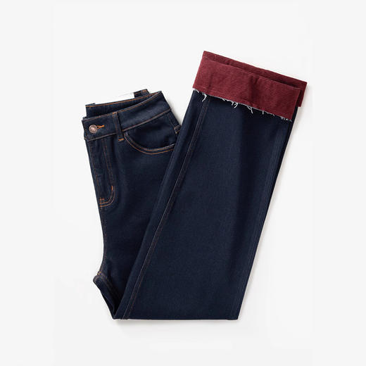 【自】全新升级【铂金会员183/天猫239/差价56】(13159) 洛诗琳撞色加绒直筒牛仔裤2024秋冬显瘦小个子窄版阔腿裤 商品图1