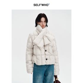 SELFWHO白鸭绒可拆卸羽绒围巾短款羽绒服女2024冬宽松保暖外套