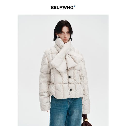 SELFWHO白鸭绒可拆卸羽绒围巾短款羽绒服女2024冬宽松保暖外套 商品图0