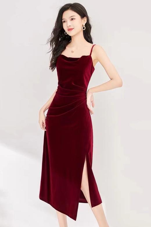 SIA SAYLOR 高级性感红色丝绒吊带连衣裙 19113 商品图0