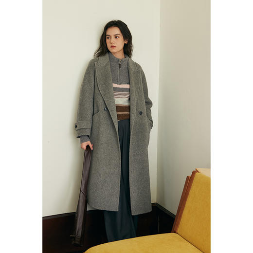 HeyDress双面羊毛大衣女秋冬复古连帽可拆卸加厚气质灰色毛呢外套 商品图3