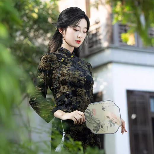 七分袖弹力网纱植绒，双层小长款旗袍MLS6079 商品图2