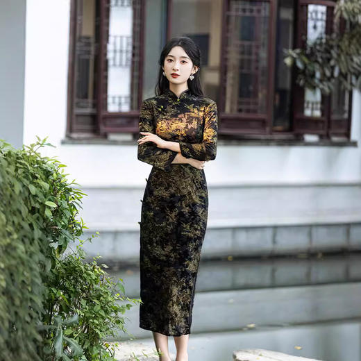 七分袖弹力网纱植绒，双层小长款旗袍MLS6079 商品图0