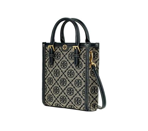 TORY BURCH 汤丽柏琦 T Monogram 经典老花满印 织物拼皮革 琴谱包托特包购物袋手提单肩斜挎包 迷你 男女同款 海军蓝（CB）） 商品图1