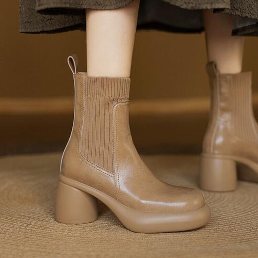牛皮拼接毛线口高跟短靴女秋冬新款粗跟厚底休闲马丁靴百搭弹力靴DTN&X312-11 商品图4