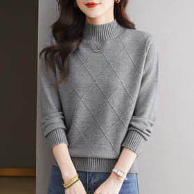 CC-66-5879半高领毛衣女款2024新款冬季时尚菱形针织上衣内搭宽松厚款打底衫