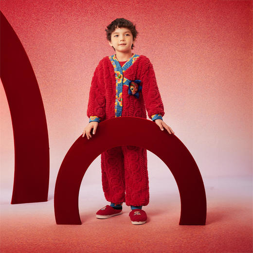 蛇么都旺年衣童装儿童家居服套装2025冬新款男女童睡衣本命年红色保暖套装 商品图1