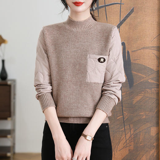CC-101-3337半高领毛衣女秋冬2024内搭加棉厚款拼接保暖宽松打底上衣女 商品图1