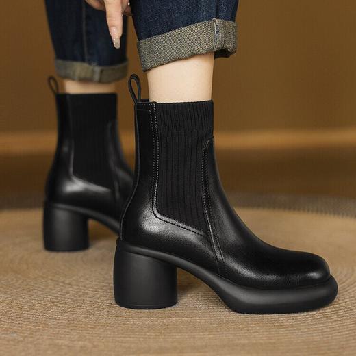 牛皮拼接毛线口高跟短靴女秋冬新款粗跟厚底休闲马丁靴百搭弹力靴DTN&X312-11 商品图1