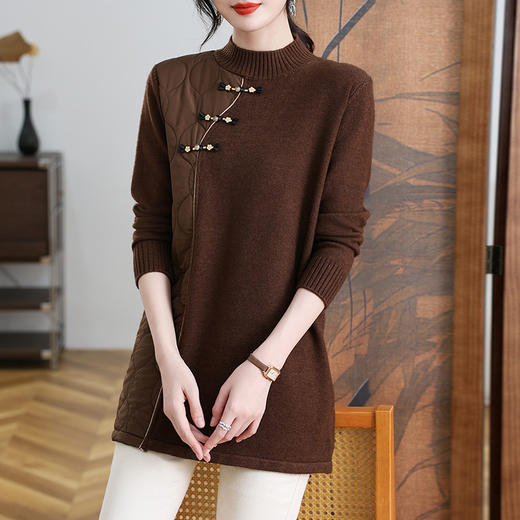 CC-101-3333冬季女装厚棉服拼接针织衫裙子中长款春秋半高领打底衫套头毛衣女 商品图0