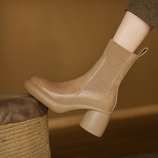 牛皮拼接毛线口高跟短靴女秋冬新款粗跟厚底休闲马丁靴百搭弹力靴DTN&X312-11 商品图0