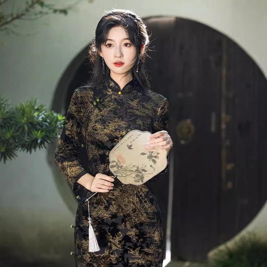 七分袖弹力网纱植绒，双层小长款旗袍MLS6079 商品图1