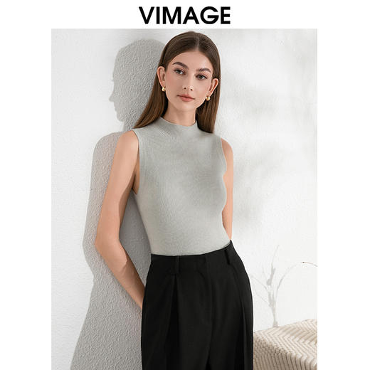 VIMAGE纬漫纪气质小立领无袖修身百搭纯色针织背心秋季新款VC2401308 商品图11