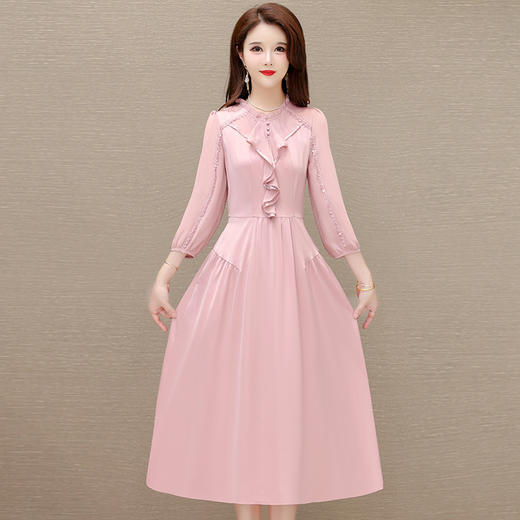 粉色垂感连衣裙春秋季款长袖A字裙 QYM-HL-24NF05-Y 商品图0