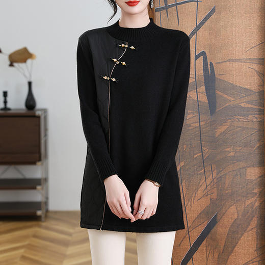 CC-101-3333冬季女装厚棉服拼接针织衫裙子中长款春秋半高领打底衫套头毛衣女 商品图1