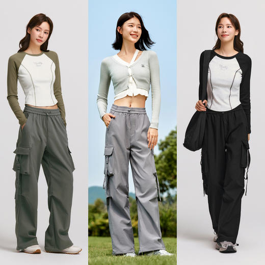 森马休闲裤女阔腿工装裤质感时尚高街女生冬季酷飒风降落伞裤盐系 商品图3