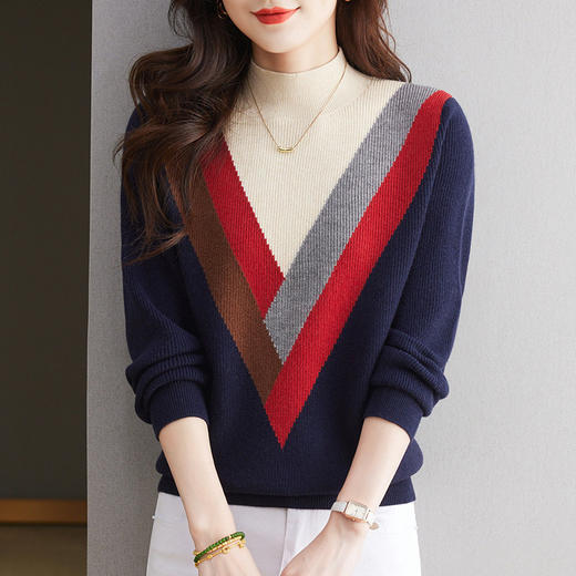 CC-66-5868打底衫女2024新款秋冬时尚洋气撞色半高领女士毛衣短款内搭可外穿 商品图0