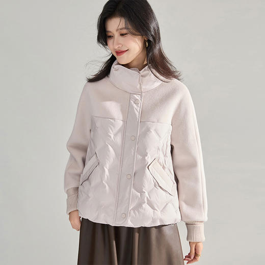 【高货sh】全新升级【铂金会员514/天猫699/差价185】(12707) 洛诗琳冬季新款设计感文艺风立领毛呢拼接小个子羽绒服 商品图1