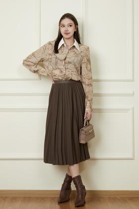 Le Malene 橄榄棕色印花衬衫弹力百褶裙套装 19108