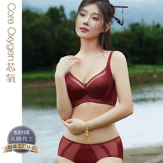 轻薄缎面蕾丝大胸显小，水晶杯内衣聚拢收副乳软钢圈文胸套装XY- 3317 商品图0
