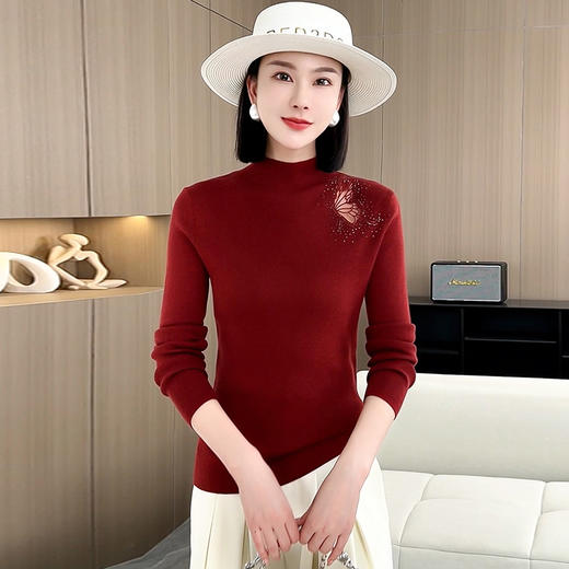 羊毛针织打底衫，洋气单肩纱网锈花针织衫QYM-LRX-HQDK752-Y 商品图0