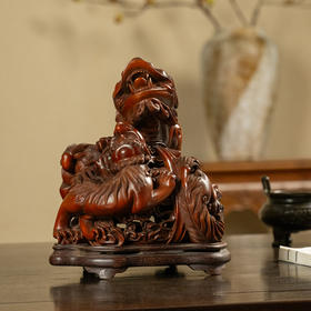 清 黄杨木透雕子母瑞兽香薰（红木座）