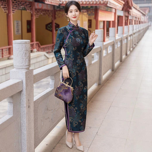 HQ-353高端加厚旗袍2024冬季新款长袖复古改良新中式国风连衣裙气质长款 商品图3