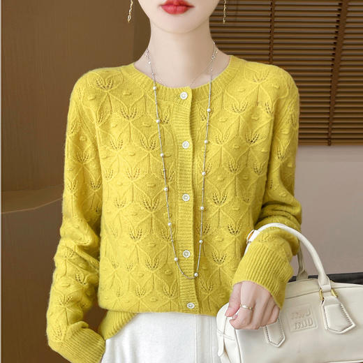 TZW-100纯羊毛开衫2024新款女装针织开衫圆领镂空外套外搭 商品图2