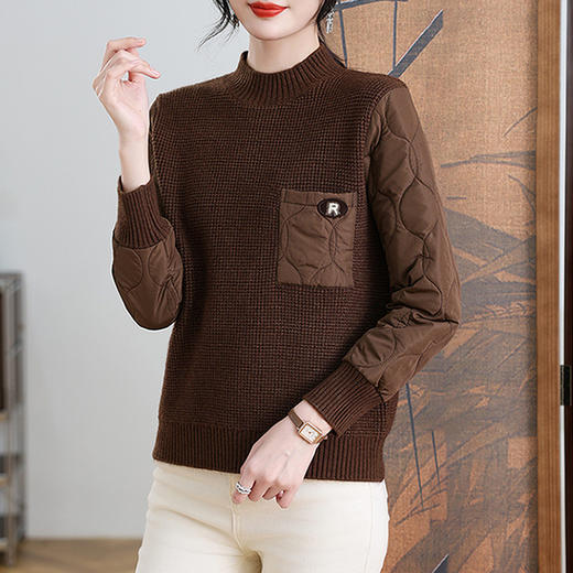 CC-101-3337半高领毛衣女秋冬2024内搭加棉厚款拼接保暖宽松打底上衣女 商品图2