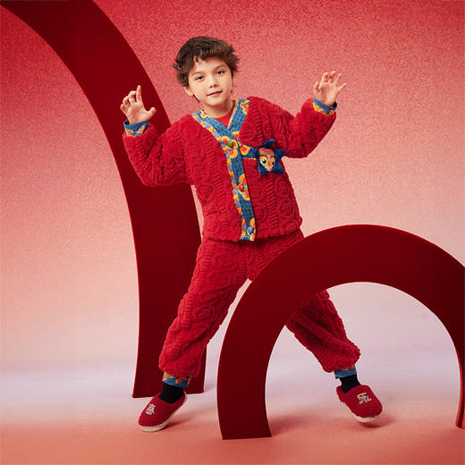 蛇么都旺年衣童装儿童家居服套装2025冬新款男女童睡衣本命年红色保暖套装 商品图11