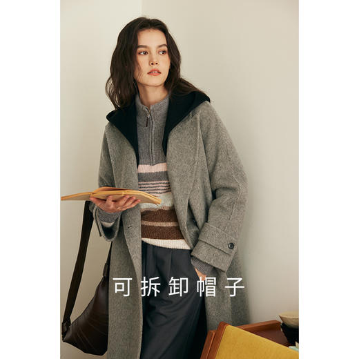 HeyDress双面羊毛大衣女秋冬复古连帽可拆卸加厚气质灰色毛呢外套 商品图1