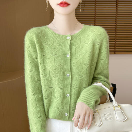 TZW-100纯羊毛开衫2024新款女装针织开衫圆领镂空外套外搭 商品图1