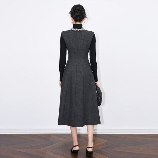 【高货wl】全新升级【铂金会员349/天猫469/差价120】(14902) 洛诗琳秋冬法式修身羊毛呢钉钻无袖叠肩大摆中长款连衣裙 商品图4