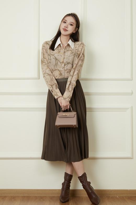 Le Malene 橄榄棕色印花衬衫弹力百褶裙套装 19108 商品图2
