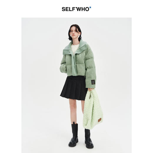 SELFWHO90白鸭绒毛织拼接羽绒服女2024冬保暖防寒绿色翻领短外套 商品图3