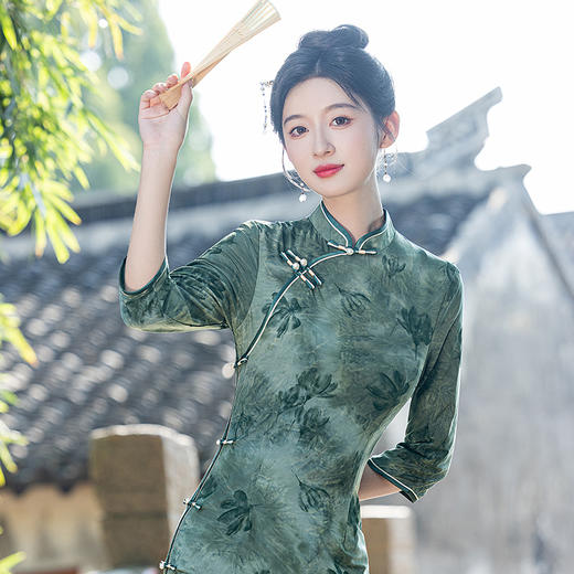 牛奶丝植绒扎染，高级感复古长款七分袖旗袍MLS7002 商品图2