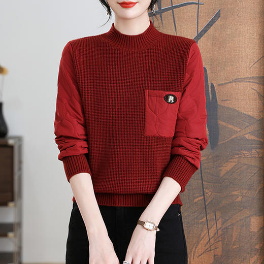 CC-101-3337半高领毛衣女秋冬2024内搭加棉厚款拼接保暖宽松打底上衣女 商品图0